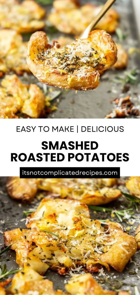 Garlic Smashed Red Potatoes, Smashed Roasted Potatoes, Rosemary Garlic Potatoes, Smashed Potatoes Baked, Smashed Red Potatoes, Roasted Smashed Potatoes, Complicated Recipes, Italian Potatoes, Crispy Smashed Potatoes