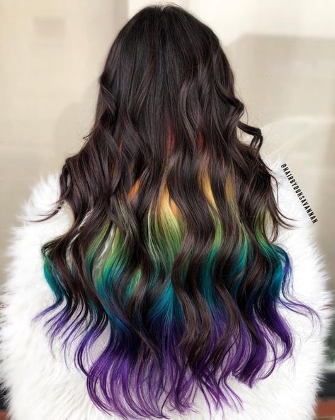 30 Ideas of Black Hair with Highlights to Rock in 2020 - Hair Adviser Hair With Color Underneath, Black Hair With Color Underneath, Black Hair With Color, Rainbow Underneath Hair, Hair With Color, Long Hair Highlights, Plum Hair, Black Hair Balayage, Dark Brunette Hair