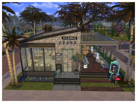 Cafe in The Sims 4 inspiration. Sims 4 Community Lots, Restaurant Building, Sims 4 Restaurant, Lotes The Sims 4, Sims Pets, The Sims 4 Lots, Diy Outdoor Bar, The Black Widow, Die Sims 4