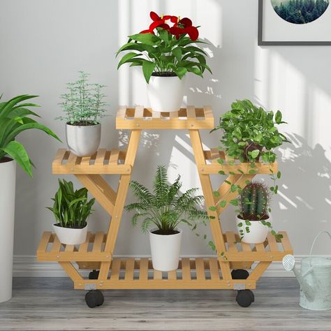 Small Bay Window, Diy Wooden Planters, Plant Stand With Wheels, Wooden Plant Stand, Plant Stands Outdoor, Wooden Plant Stands, Light Colored Wood, Garden Stand, Wood Plant Stand