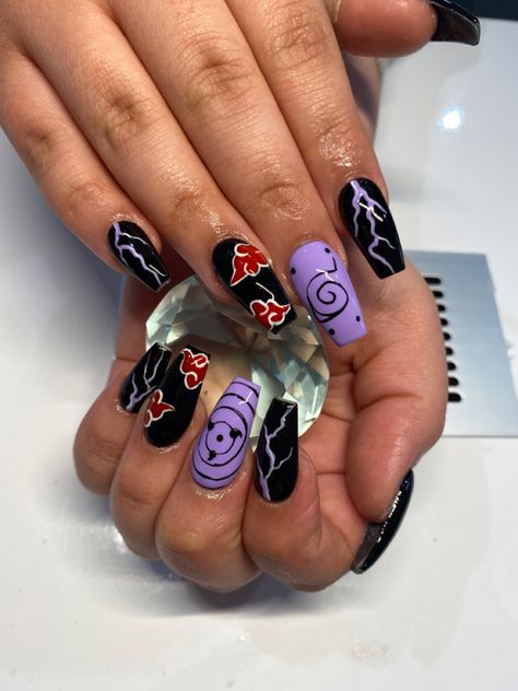 Sasuke Nails Designs, Subtle Anime Nails, Sasuke Nails, Naruto Inspired Nails, Naruto Nails Designs, Akatsuki Nails, Anime Nails Acrylic, Gamer Nails, Anime Inspired Nails