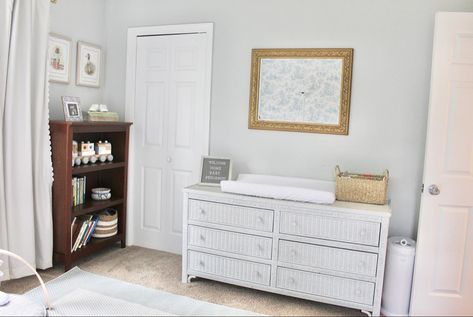 Wicker furniture in a grand millennial blue and white nursery. Wicker Dresser Nursery, Blue Changing Table, Changing Table Nursery, Blue And White Nursery, Dresser Nursery, Changing Dresser, Wicker Dresser, Grand Millennial, White Nursery