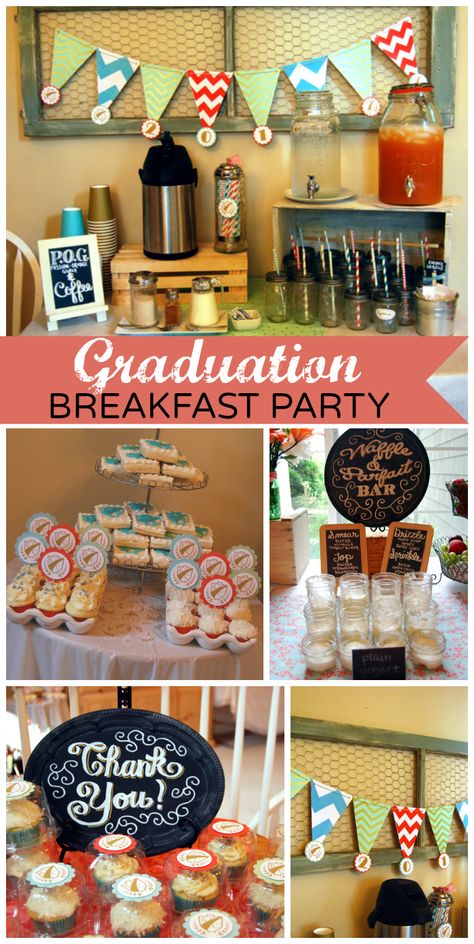 A delicious breakfast bar is set up for a Modern Graduation along with a fun photo booth!  See more party ideas at CatchMyParty.com! Graduation Breakfast, Graduation Brunch, Vintage Graduation, Brunch Bar, Holi Party, Graduation Party Foods, Graduation Open Houses, Waffle Bar, Cereal Bar