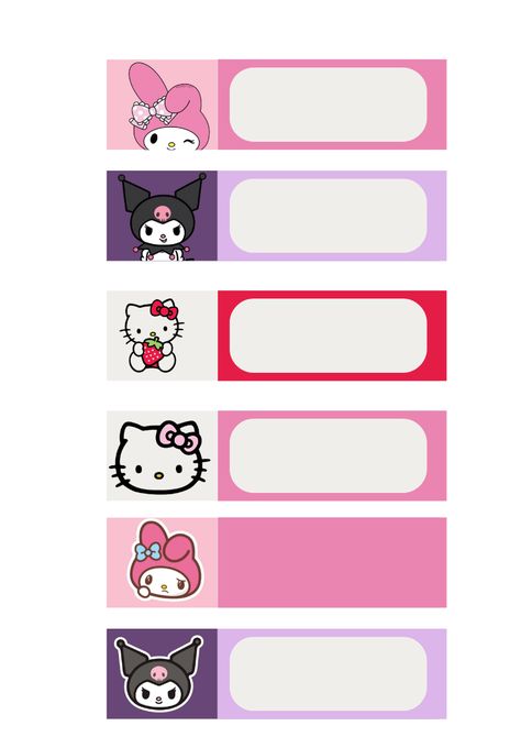 add your name, print and stick on. Hello Kitty Name Label, Hello Kitty Label, Name Stickers For School, Notebook Label, School Labels Printables, School Stickers Labels, School Name Labels, Notebook Labels, Memo Pad Design