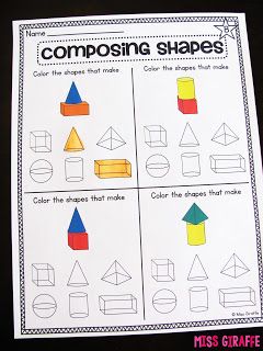 Composing Shapes is such a fun topic in first grade and kindergarten geometry! Learning how to compose 2D and 3D shapes is fun because, well... Composing Shapes, Worksheet 1st Grade, Kindergarten Money Worksheets, Shape Activities Kindergarten, Kindergarten Geometry, Kindergarten Math Curriculum, Composite Shapes, 3d Shapes Worksheets, Math Centres