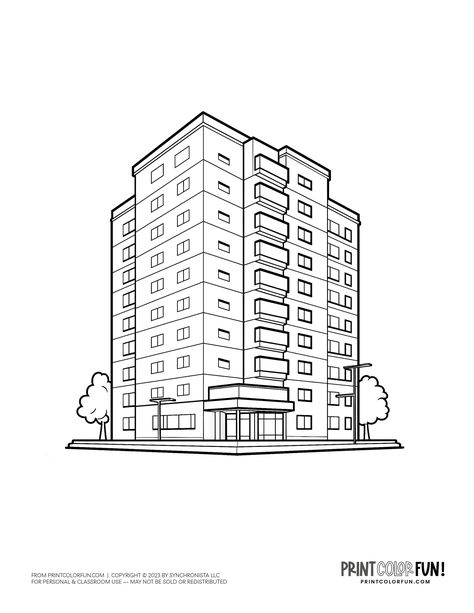 Tall apartment buiilding hotel coloring page from PrintColorFun com (3) Tall Building Drawing, Apartment Building Drawing, Home Art Projects, Outline Pictures, House Colouring Pages, Building Drawing, Stylish Apartment, Hotel Building, Craft Ideas For Kids