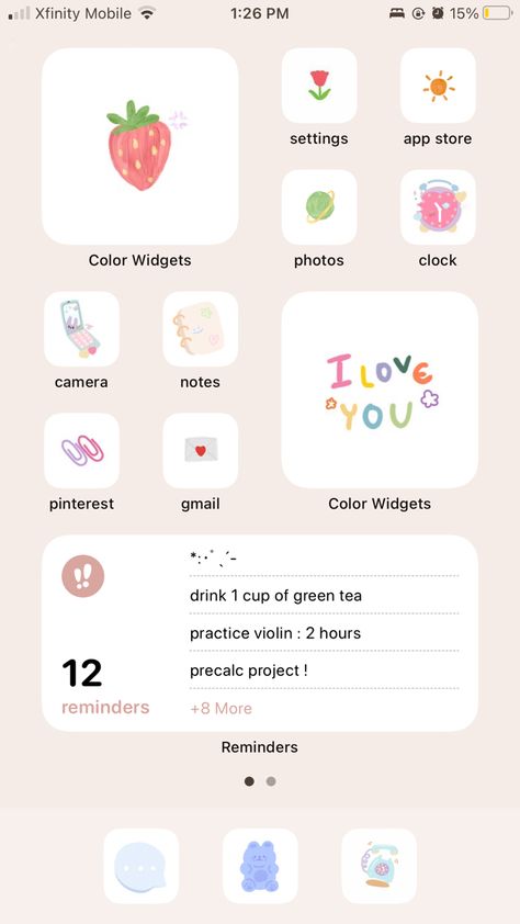 pink, aesthetic, pastel, strawberry widget, widgets, ios, homescreen, reminders, cute app icons Pink Iphone Aesthetic Home Screen, Kawaii Phone Setup, Home Screen Ideas Kawaii, Ios 16 Home Screen Ideas Aesthetic Pink, Ios 16 Wallpaper Ideas Pink, Ios Aesthetic Ideas, Phone Inspiration Pink, Phone Decoration Ideas Apps, Aesthetic Ios Theme