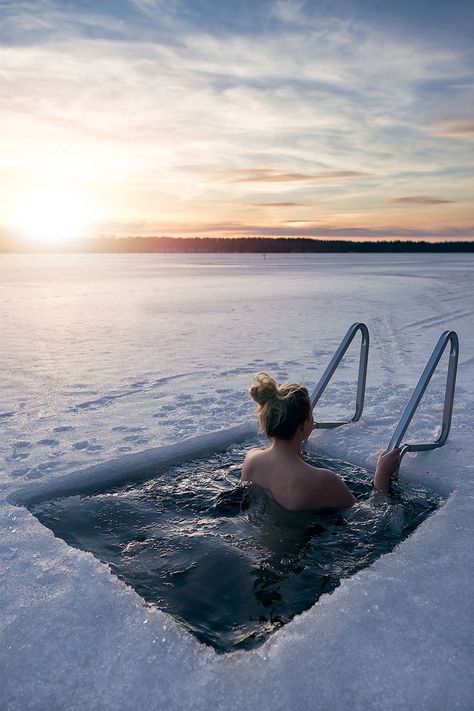 Woman swimming in an ice hole in Finland Finland Travel, Nordic Countries, Helsinki, Scandinavia, The Snow, Travel Dreams, Sauna, Europe Travel, Hot Tub