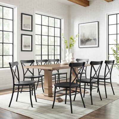 The Joanna 9 - Piece Dining Set is where modern farmhouse style meets French industrial chic. Blending rustic wood and sturdy steel, this set features a large rectangle trestle table surrounded by eight all-metal X-back dining chairs. Balancing the table’s substantial trestle base is a spacious tabletop, making the Joanna 9 piece dining set ideal for your next family get together. | Crosley Joanna 9 - Piece Dining Set Wood / Metal in Black / Brown / Gray, Size 30.25 H x 35.38 W x 71.63 D in | Wa Farmhouse Dining Table Set, Modern Farmhouse Dining Table, Dining Table Dimensions, Modern Farmhouse Dining, French Industrial, Grande Table, Dining Furniture Sets, Brown Table, Farmhouse Dining Table