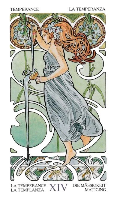 Temperance Tarot Card Meaning - Astrology.com Temperance Tarot Card, Temperance Tarot, Tarot Tattoo, Tarot Major Arcana, Tarot Astrology, Tarot Cards Art, Tarot Card Meanings, Tarot Art, Alphonse Mucha