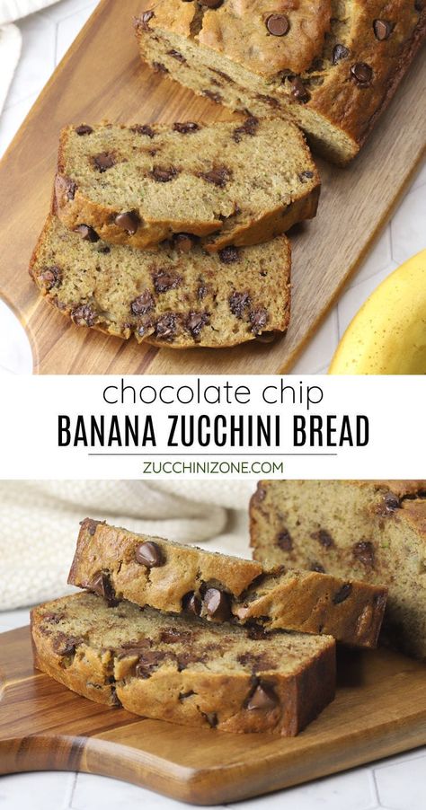 Chocolate chip banana zucchini bread recipe. Chocolate chip banana zucchini bread is a moist, tender zucchini bread filled with rich pockets of melty chocolate chips. The perfect way to use up leftover bananas and zucchini! #chocolatechip #bananazucchinibread #zucchinibread #recipe #zucchini Zucchini And Banana Bread, Zucchini And Banana Recipes, Banana Zucchini, Chocolate Zucchini Banana Bread, Banana And Zucchini Bread Recipe, Zucchini Bread With Chocolate Chips, Zucchini Banana Recipes, Chocolate Banana Zucchini Bread Recipe, Banana Zucchini Bread Recipe