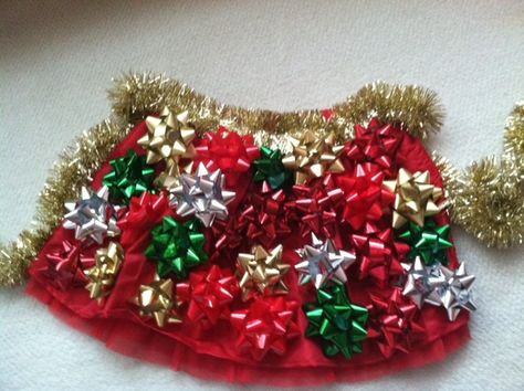 awesome...only if i wore skirts...oh well..still funny Tacky Christmas | Skirt of Bows Holiday Cheermeister, Merry Gifts, Tacky Christmas Party, Relay Ideas, Ugly Sweater Day, Xmas Costumes, Tacky Sweater, Tacky Christmas Sweater, Skirt Diy