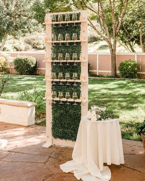 Wedding Champagne Wall - Planning a backyard wedding? Don't miss this advice and inspiration for planning an outdoor wedding in your backyard. Expert wedding planning advice and ideas from The Garter Girl. #gartergirl #thegartergirl #gartergirlloves #weddingplanning #backyardwedding #outdoorwedding Champagne Wall Diy, Diy Champagne Wall, Champagne Wall, Rustic Wine Racks, Backdrop Photo, Champagne Bar, Elegant Country, Wall Diy, Heirloom Wedding