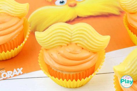 Dr Seuss The Lorax Cupcakes Recipe - Craft Play Learn Lorax Cupcakes, Dr Seuss Cupcakes, Seuss Cupcakes, Mustache Cupcakes, Lorax Birthday, Lorax Party, Dr Seuss Party, Cupcake Crafts, Dr Seuss Birthday Party