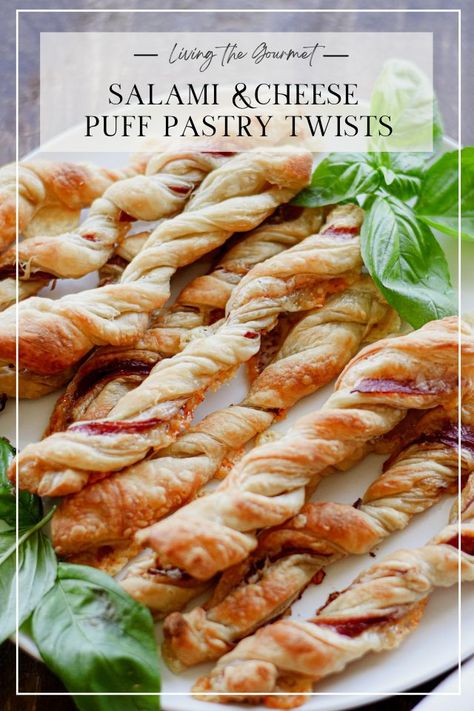 Super Easy Salami and Cheese Puff Pastry Twists - Living The Gourmet Basic Pesto Recipe, Pastry Twists, Pizza Twists, Puff Pastry Twists, Savory Puff Pastry, Salami And Cheese, Cheese Puff, Cheese Puff Pastry, Puff Pastry Recipes