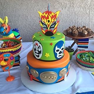 Luchador themed cake! #tagteam @jarrr_ #gemmamontana #hemakescakestoo #elemakescakes #luchadorcake #luchador #customcake #specialtycake thanks for the picture Valerie! Lucha Libre Cake, Luchador Cake, Nacho Libre Cake, Luchador Party, Lucha Libre Party, Wrestling Birthday Parties, Wrestling Party, Wwe Birthday Party, Wwe Party