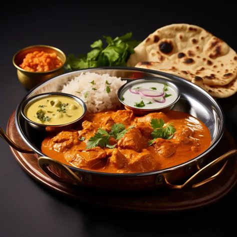 Butter Chicken, also known as Murgh Makhani, is a quintessential North Indian dish celebrated for its rich and creamy tomato-based gravy and tender pieces of chicken. This iconic dish is known for its sumptuous flavors, often associated with Indian cuisine worldwide. Butter Chicken is a testament to the harmonious blend of spices, creaminess, and the heartiness that characterizes Indian comfort food. North Indian Food, Indian Comfort Food, Murgh Makhani, Butter Chicken Curry, Food Snap, Food Pic, Butter Chicken Recipe, Creamy Tomato Sauce, Space Illustration