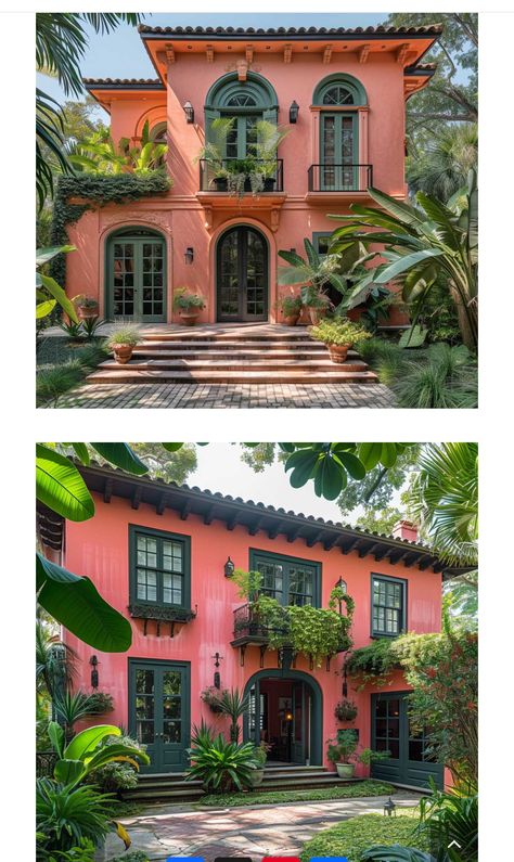 Hot Pink House Exterior, Pink House Green Shutters, Maximalist House Exterior, Pink House Exterior, Maximalist House, Green Shutters, House Exterior Colors, Red Roof, Modern Dollhouse