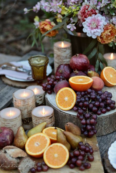 Fruit & Flowers Table Centerpiece for spring - French Country Cottage Spring Table Centerpieces, Birch Candles, Fruit Centerpieces, Wood Bowls Carving, Spring Table Settings, French Vintage Decor, Fruit Flowers, Beautiful Fruits, Summer Tables