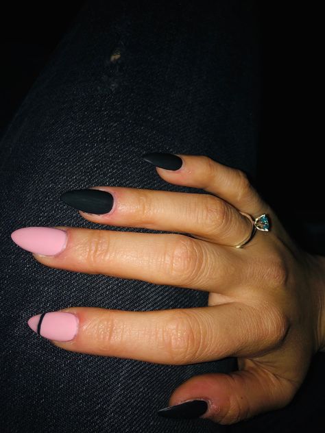 Nail Ideas Sept 2024, Pink And Black Nails Coffin, Black And Pink Matte Nails, Black Nails With Pink Design, Black And Baby Pink Nails, Black And Pink Almond Nails, Black Almond Acrylic Nails, Baby Pink And Black Nails, Matte Black Almond Nails