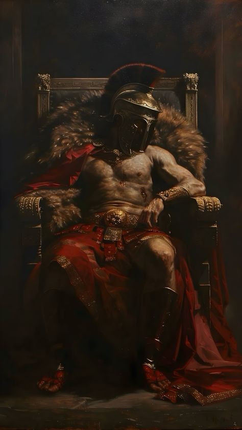 King Painting Art, King On Throne Art, Man Sitting On Throne, Spartan Painting, King Sitting On Throne Pose, King In Throne, King Sitting On Throne, King On A Throne, Throne Painting