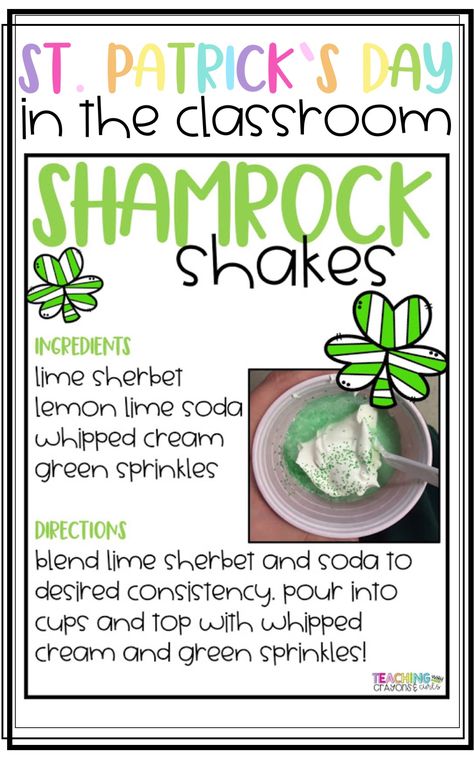 Shamrock Shakes for St. Patrick's Day in the Classroom! Leprechaun, Rainbow activities to do in the classroom! St Patricks Activities, Leprechaun Rainbow, Leprechaun Activities, March Lesson Plans, Classroom Cooking, Shamrock Shakes, St Patrick Day Snacks, Sant Patrick, March Lessons