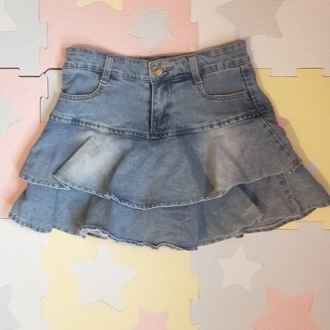 creds if u repost Cutecore Pants, Aesthetic Jean Skirt, Cutecore Skirt, Harajuku Style Pink Ruffled Bottoms, Jean Skirt Cutecore, Harajuku Style Pink Ruffled Skirt, Pink Harajuku Skirt With Ruffles, Kawaii Skirt, Harajuku Ruffled Mini Skirt