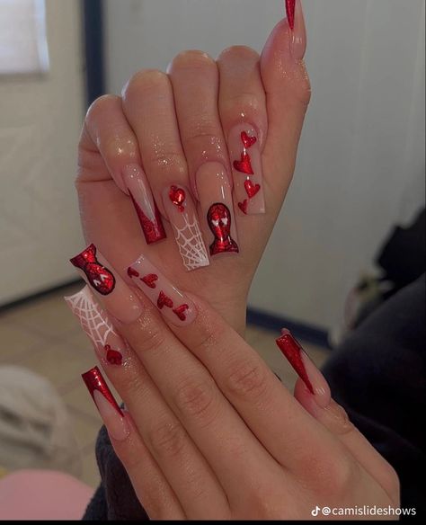 Royal Red Nails Acrylic, Latina Valentines Nails, White And Burgundy Nails, Red Baddie Nails Acrylic, Red Fancy Nails, Latina Nails Red, Red Exotic Nails, Red Quince Nails, Red Valentines Day Nails Acrylic