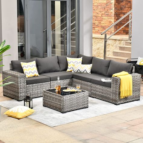 6 Pieces Sectional Patio Conversation Set: Comes with 1 left arm chair, 1 right arm chair, 2 middle chairs, 1 corner chairs and 1 tempered glass top coffee table. With chair connecting clips to lock the chairs together when you would like to place the chairs together. The modular design enables you to make the patio couch set in any shape you like to fit your needs. Outdoor Sectional Couch, Outdoor Sectional Furniture, Conversation Sofa, Wicker Sectional, Sectional Furniture, Outdoor Wicker Furniture, Outdoor Furniture Decor, Patio Balcony, Outdoor Patio Furniture Sets