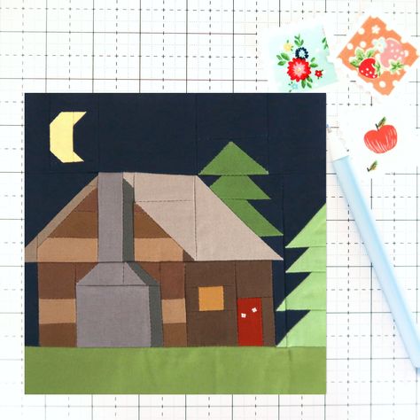 House Quilt Block Pattern Free, Advent Quilt, Cabin Quilt Block, Log Cabin House, House Quilt Block, House Quilt Patterns, Cozy Log Cabin, Sewing Quilts, Appliqué Quilts