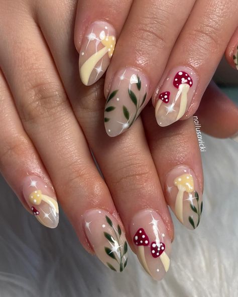 nails done✅, heart happy✅, what more could you possibly want?🍄 . . . #nails #nailusa #nailart #naildesign #nailsofInstagram #naildesigns #nailsoftheday #naildesignsideas #acrylic #acrylicnails #raleigh #durham #raleighnails #trend #trendynails #winternails #springnails Cottage Core Nail Designs, Witchy Nails Aesthetic, Woodland Theme Nails, Mushrooms Nail Art, Woodland Nails Designs, Nail Designs Mushroom, Folklore Nails Taylor Swift, Toadstool Nails, Woodland Nails