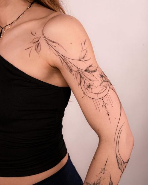 Ornamental Wave Tattoo, Tattoo Arm Sleeves For Women, Oncology Tattoo, Fine Line Thigh Tattoos Women, Arm And Shoulder Tattoo, Ethereal Tattoo Sleeve, Flowy Tattoo, Shoulder Tattoo Flower, Crazy Tattoo Ideas