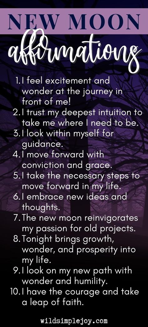 New Moon Affirmations Vertical Pinterest and social sharing image with 10 affirmations from Wild Simple Joy New Moon Affirmations, Moon Affirmations, 10 Affirmations, New Moon Phase, Inner Guidance, Masculine Energy, Leap Of Faith, To Move Forward, New Journey