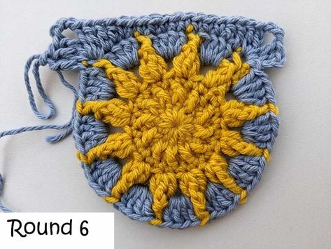 Crochet Starburst Granny Square Bag, Crochet Sun Motif, Cloud Granny Square Pattern Free, Half Sunburst Granny Square, Sunburst Crochet Granny Square, Spiral Sun Granny Square, Crochet Sun Granny Square Free Pattern, Sun Burst Granny Square Free Pattern, Spiral Granny Square Pattern Free