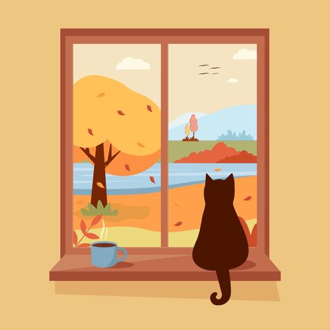 Cute Window Illustration, Autumn Window Illustration, Window Sill Illustration, Cat In Window Illustration, Cozy Cat Drawing, Cat Window Illustration, Cozy Animation, Shop Window Design Ideas, Cat Sitting On Window Sill