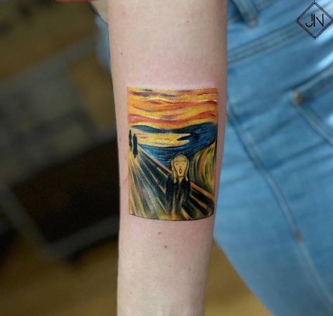 Edvard Munch's 'The Scream' tattoo on the forearm. Bicep Tattoo Men, Inner Bicep Tattoo, Armband Tattoos, Tattoo Magazine, Tattoo Zeichnungen, Bicep Tattoo, Geniale Tattoos, The Scream, Tatuaje A Color