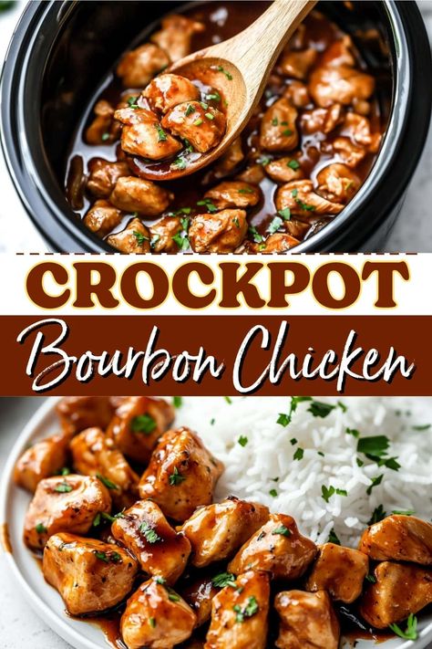 This Crockpot bourbon chicken is savory, hearty, and so delicious! Served it over rice or mashed potatoes for a feast to remember. Crockpot Fireball Chicken, Fancy Crockpot Meals, Crockpot Rice And Chicken, Crock Pot Dinners Healthy, Fall Crockpot Recipes Chicken, Chicken Rice Crockpot Recipes, Asian Crockpot Recipes, Chicken Crock Pot Meals, Crockpot Bourbon Chicken