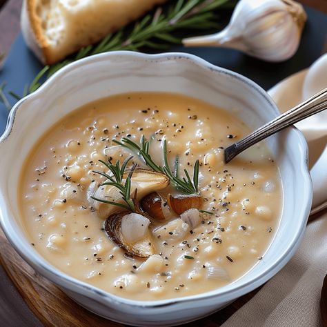 Rosemary and Roasted Garlic White Bean Soup - Recipes, Tasks & Tools Rosemary Bean Soup, Roasted Garlic White Bean Soup, White Bean Rosemary Soup, Rosemary Garlic White Bean Soup, Garlic White Bean Soup, Rosemary White Bean Soup, White Bean Soup Recipes, Winter Meals, Garlic Soup