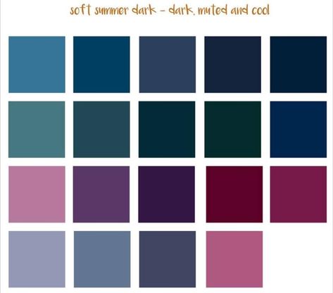 Deep Winter Soft Palette, Soft Cool Deep Color Palette, Dark Summer Colors, Shaded Summer Color Palette, Soft Summer Dark Colors, Dark Summer Palette, Soft Summer Deep Color Palette, Soft Summer Dark, Deep Summer Color Palette