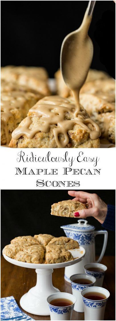 Maple Pecan Scones - a ridiculously easy technique for incredibly delicious, pecan-studded, melt-in-your-mouth scones finished off with a drizzle of sweet, maple-infused glaze. Maple Glaze For Scones, Pecan Praline Scones, Maple Glaze Scones, Maple Glazed Scones, Maple Scones Recipe Easy, Maple Pecan Scones Recipe, Maple Scones Pioneer Woman, Maple Walnut Scones Recipe, Maple Pecan Muffins