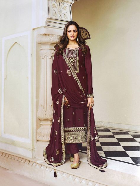 Bringing an Elegant And Fashionable Collection With New Designs And Hit Colors To Rock Your Festivals And Weddings!! Embroidered With Multi Thread, Zari and Sequence work. Product Details:- Top: Dola Silk Bottom Fabric: Santoon Dupatta Fabric: Dola Silk Work: Embroidery, Multi-Thread, Zari, Sequence Product Type: Un-Stitched Bottom Color: Matching Style: Straight-Cut, Pant Material & Care: Dry Wash Only Free shipping worldwide. Size & Fit:- Top Bust - Up to 54 INCHES Top Length - Up to 48 INCHES Designer Lehnga Choli, Mirror Work Lehenga, Indian Salwar Kameez, Georgette Tops, Silk Bottoms, Designer Salwar Suits, Designer Lehenga Choli, Silk Lehenga, Pakistani Suits