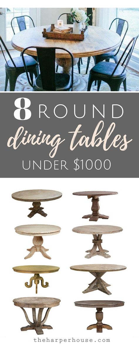 Fixer Upper round dining tables and where to find affordable options for under $1000 | theharperhouse.com White Oak Round Dining Table, Round Dining Table Inspiration, Round Dining Table For 8, Kitchen Table Decorations For Home, Fixer Upper Dining Room, Round Dining Tables, Round Dining Room Table, Black Chairs, Round Kitchen Table