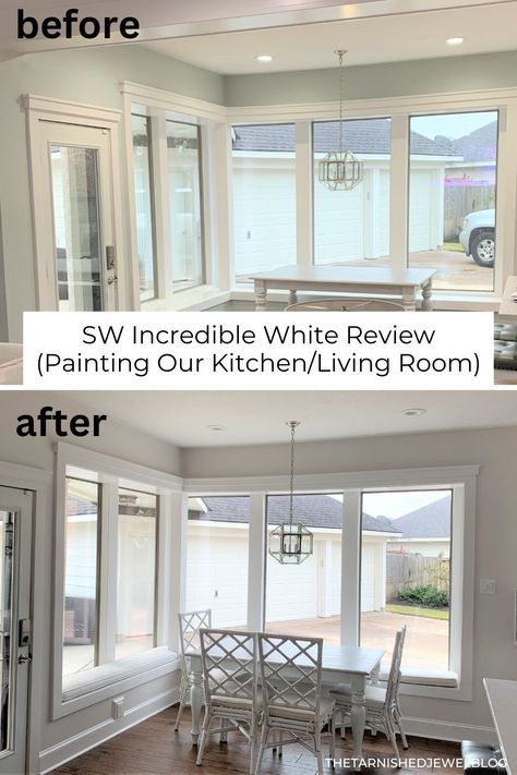 Get all the info (undertones explained, honest opinion, decorating advice) on this popular Sherwin-Williams white paint color? Try SW Incredible White Review (Painting Our Kitchen/Living Room) by thetarnishedjewelblog.com. #swincrediblewhite #sherwinwilliamswhitepaint #sherwinwilliamspaint #sherwinwilliamsincrediblewhite #paintinglivingroom #paintingkitchen #taupepaint #neutralpaint #greigepaint Best Sw White Paint For Furniture, Sw Incredible White Walls, Incredible White Sherwin Williams Walls, Sw Incredible White, Wherein Williams Incredible White, Sherwin Williams Incredible White, Wherein Williams Pearly White, Incredible White Sherwin Williams, Sw Windfresh White