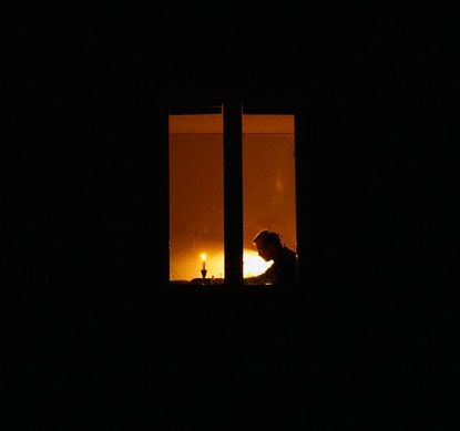 Looking through night time windows at a slice of life.  Working by candlelight.... Peering Through Window, Candle By Window, Lit Windows At Night, Lit Up Windows At Night, Looking Out A Window Painting, Window At Night Painting, Silhouette In Window, Looking Through Photography, Aesthetic Night Time Photos