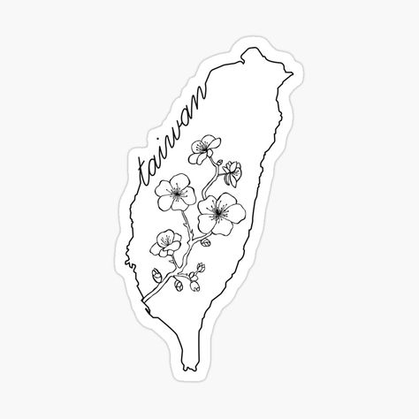 outline of Taiwan with the word "taiwan" in cursive embedded in the outline, inside is an illustration of the national flower: plum blossoms Taiwan Tattoo Design, Taiwan Tattoo, Taiwan Map, Plum Blossoms, National Flower, Blossom Tattoo, Plum Blossom, Art References, The National