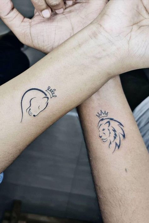 Unique Couple Tattoos, Simple Couples Tattoos, Lion And Lioness Tattoo, Infinity Couple Tattoos, Partner Tattoos, Best Couple Tattoos, Lioness Tattoo, Cute Couple Tattoos, Small Couple Tattoos