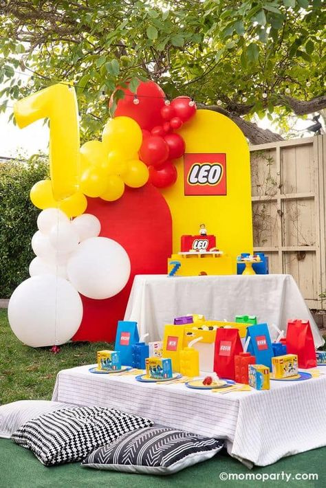 The Big List of 50 Kids Birthday Party Themes - Lady Celebrations Lego Themed Birthday Party, Block Birthday Party, Lego Themed Party, Lego Birthday Cake, Birthday Party Backdrop, Kids Themed Birthday Parties, Lego Birthday Party, Easy Birthday, Lego Birthday