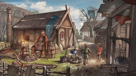 ArtStation - Viking Blacksmith Exterior, Gustine Salomon Viking Blacksmith, Viking Village, Snow House, Blacksmith Forge, Norse Pagan, Farmhouse Interior, Brand Book, Arte Horror, Blacksmithing