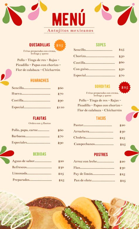 Diseño de plantilla de menú para restaurante de comida tradicional mexicana. Plantilla 100% editable en Canva para imprimir o en versión digital. Encuentra esta y cientos de plantillas más en mi perfil. Click para editar 👇 Spanish Menu, Tacos Mexicanos, Menu Inspiration, Weekly Menu, Tacos, Restaurant, Art