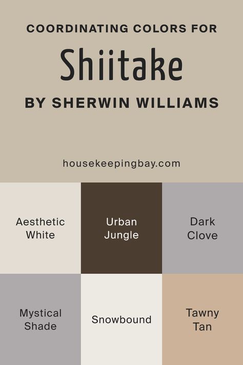 Coordinating Colors For SW Shiitake Sw Shiitake, Sw Aesthetic White, Beige Paint Colors, Tan Paint, Living Colors, Outside Paint, Bath Makeover, Beige Paint, Accent Wall Paint